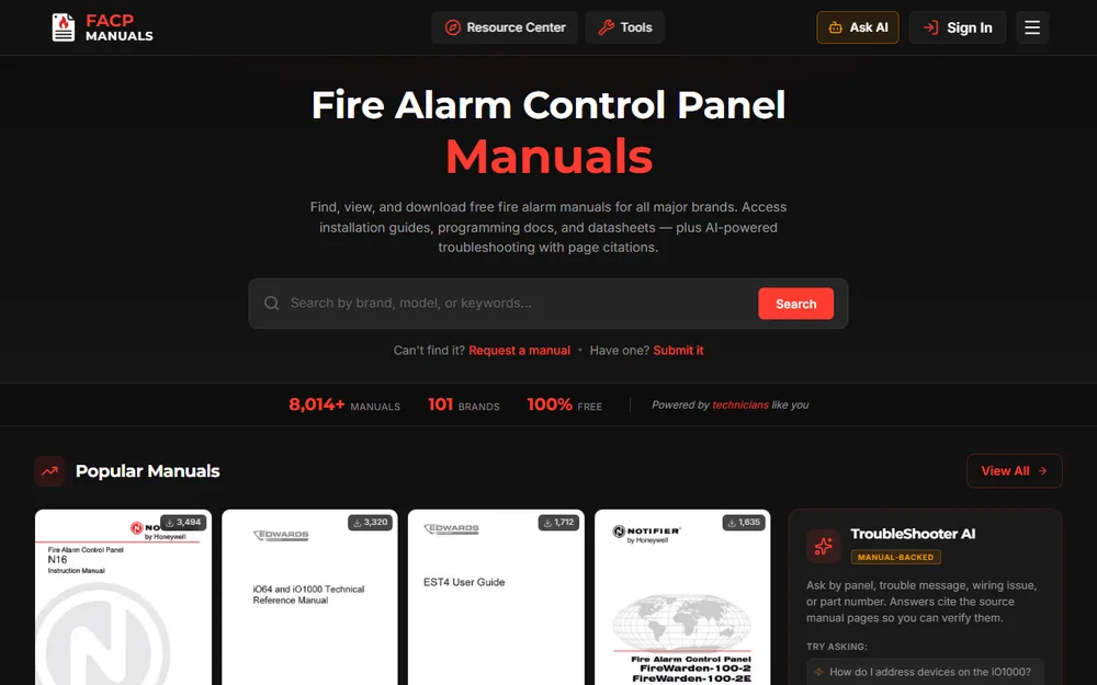 The FACP Manuals platform homepage with search and popular manuals